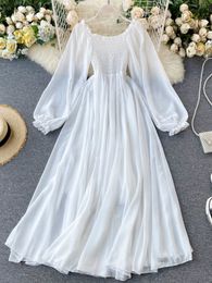 Casual Dresses LY VAREY LIN Spring Autumn Women Elegant Holiday Puff Sleeve Slash Neck Off Shoulder Smocked White Chiffon 23327