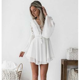 Bohemian Mini Dress Women Sexy V Neck Hollow Out Casual Long Sleeve Summer White es 210611