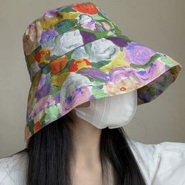 Korean Fashion and Elegant Flower Fisherman Hat Women Spring Summer Can Be Curled Big Brim Bucket Hats Outdoors Foldable Sun Cap