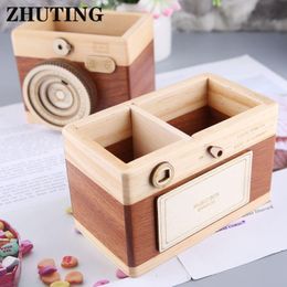 Holders Creative Camera Pattern Wooden Pen Pencil Case Holder Stand Desktop Sundries Storage Box Multi Purpose Use Wooden Pen Holder