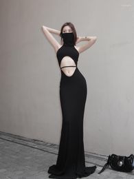 Casual Dresses Sexy Spicy Girl Pure Desire Slim Long Dress Women Black Turtleneck Off-shoulder Navel Floor-length Fashion Female Clothes