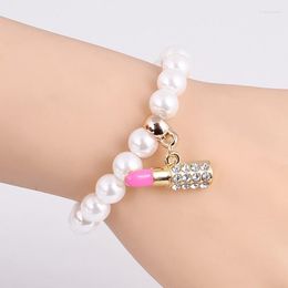 Charm Bracelets Fashion Jewellery Imitation Pearls Bead Pink Lip Stick Pendant Bracelet For Women Crystal