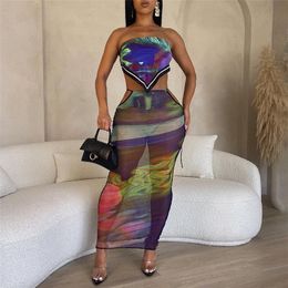 Two Piece Dress Summer Printed Sheer Mesh Set Women Sexy Bandage Strapless Vest Crop Top Hollow Out Lace Up Bodycon Maxi Skirts Suit 230627