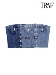 Women's T-Shirt TRAF Women Fashion Strapless Denim Crop Bustier Tank Tops Vintage Straight Neck Back Elastic Female Camis Mujer J230627