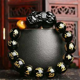 Strand Genuine Natural Six Word Black Obsidian Gems Round Bead Pi Xiu Shape Stretch Bracelets Women Men 10mm 12mm 14mm