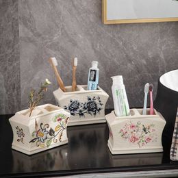 Toothbrush Holders Nordic Ceramic Toothbrush Holder Washroom Desktop Flower Pattern Toothbrushs Box Dressing Table Creative Makeup Brush OrganizerHKD230627