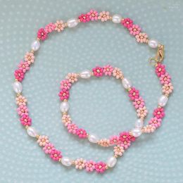 Choker Bohemia Deliacte Daisy Flower Beaded Pink Glass Beads Mixed Real Pearl Necklaces Handmade Jewellery For Women