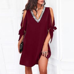 Casual Dresses Sequin Off Shoulder Midi Dress Women Sexy Rhinestone V Neck Short Sleeve Bow Party Evening Mini Beachwear Summer 2023