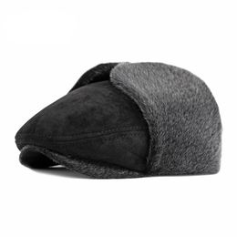 Winter Men's Cap Plush Thicken Berets Hat With Ear flap Duckbill Newsboy Middle Aged Elderly Herringbone Flat Peaked Hat Male