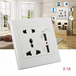 Smart Power Plugs Universal Wall Socket Dual Ports DC 5V USB Charging 5 Hole Panel Plate White With ON/OFF Button