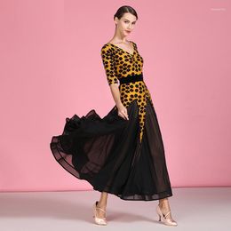 Stage Wear Women Dance Dress Ballroom Rumba Costumes Waltz Flamenco V-neck Splicing Print For Dancing
