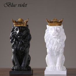 Decorative Objects Figurines Modern Resin Animal Statue Golden Crown Black Lion Figurine for Home Decoration Accessories for Living Room Desk Home Decor 230627