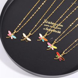 Pendant Necklaces Cute Enamel Dragonfly Charms For Necklace Drip Oil Stainless Steel 18K Gold Plated Chain Women Jewellery Craft
