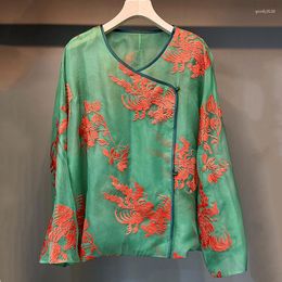 Women's Jackets High End Fashion Summer Green Woman Top O-Neck Trumpet Sleeve Exquisite Embroidered Silk Organza Elegant Lady Jacket S-L