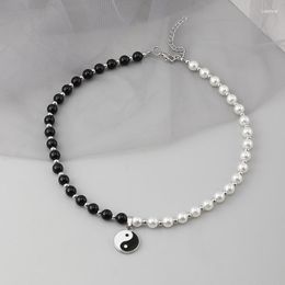 Chains 2023 Imitation Black White Pearl Necklace For Women Gossip Yin Yang Taichi Hip Hop Men Jewellery Yinyang Necklaces