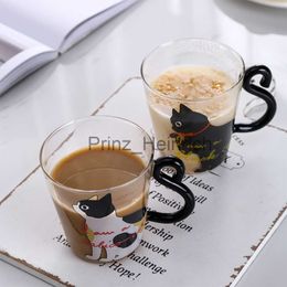 Mugs Creative Glass Water Cup With Handle Cute Cat Design Cartoon Two Styles Of Repeated Printing For Coffee And Milk Drinks J230627