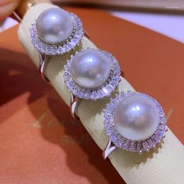 Cluster Rings 10-11mm Double Zircon High Luster Natural Seawater Pearl Ring For Women And Elegant White Custom Female Silver Fine Jewelry