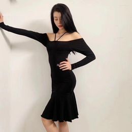 Stage Wear Sexy Strapless Long Sleeves Latin Dance Dress Women Black Ballroom Competition Practice Clothes SL5879