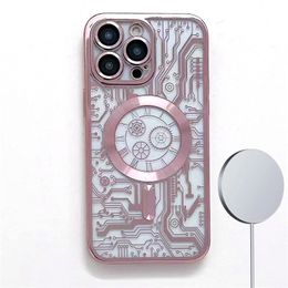 Plating Transparent MagSafe Magnetic Case For Iphone 14 13 12 11 Mechanical Circuit Pattern Wireless Charging Cover With Lens Film
