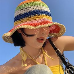 Female Summer Bucket Hats Straw Sun Caps Rainbow Weave Pattern 56-58cm Outing Beach Travel Vacation Shade YF0163
