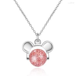 Chains Pink Mouse Animal Strawberry Crystal Pendant Necklace For Women Silver Colour Simple Short Clavicle Chain Dainty Jewellery