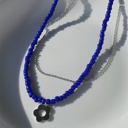 Pendant Necklaces 2023 Korea Trend Vintage Double Layer Blue Beaded Necklace Flower For Women Aesthetic Jewellery