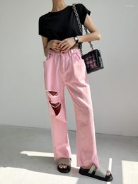 Women's Jeans Fashion Holes Loose Wide Leg Pants Women Denim Ripped Straight Female Pink Washed Fall Trousers 6354