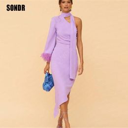 Urban Sexy Dresses SONDR Purple Stretch Satin Prom Party Dress One Full Sleeve Feather Custom Formal Night Event Gowns Evening Vestidos 230627