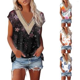Women's T Shirts Women's Summer Casual Print Lace V Neck Shirt