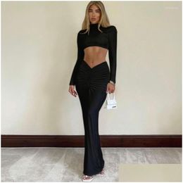 Basic Casual Dresses Long Sleeve Cut Out Maxi Bodycon Dress Women Elegant Tight Autumn Winter Sexy Party 2023 Club Wear Drop Deliv Dhzyf