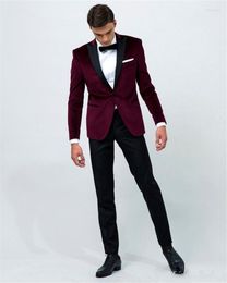 Men's Suits Men's 2023 Burgundy Wedding Groom Tuxedos Black Peaked Lapel Trim Fit One Button Two Piece Men Evening Party