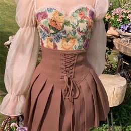 Vintage Corset Tops Mini Skirts 2 Piece Dress Set Women Elegant Blouse Y2k Crop Top Evening Party Fashion Suits Summer 220526