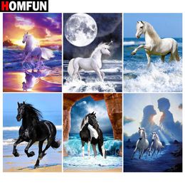 Stitch Homfun Paint with Diamond Embroidery "horse Moon Animal Sea" Diamond Painting Full Square Round Picture of Rhinestone Decor