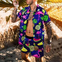 Men's Tracksuits Fashion Men Hawaiian Sets Summer Fruit Printing Short Sleeve Button Shirt Beach Shorts Two Set Casual Holiday Mens 2 Piece Suit x0627