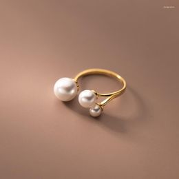 Cluster Rings 18K Gold Plating REAL.925 Sterling Silver Three Shell Pearl Round Ring Openable Jewellery C-J 9452