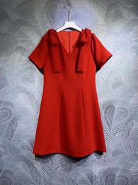Party Dresses Short Sleeve Bow Women A-Line Red Color Elegant V-Neck Slim Fit Lady Evening Dress