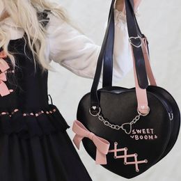 Evening Bags MBTI Sweet Lolita Shoulder Bag Love Heart Shape Fashion Kawaii Bow Luxury Designer Handbag Chains Pu Leather Cute Female