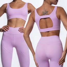 European and American Tight-Fitting Solid Color Hollow Design Sports Bra High Waist Nude Feel Fitness Pants Yoga Suit