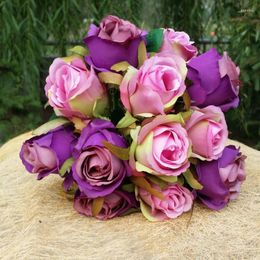 Decorative Flowers 12 Head Artificial Roses Wedding Flower Decoration Mariage Fake Silk Rose Real Touch Bridal Bouquet Home Party Decor GHMY