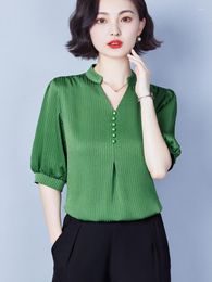 Women's Blouses 2023 Summer Blouse Women V-neck Solid Short-sleeved Tops And Vintage Botton Up Chiffon Laides Top Fashion Clothes