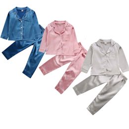 Clothing Sets Autumn Solid Casual Fashion pajamas set Toddler Kid Silk Satin PJs Botton Long Sleeve Top Pant Sleepwear Nightwear Girl Boy 1 7Y 230626