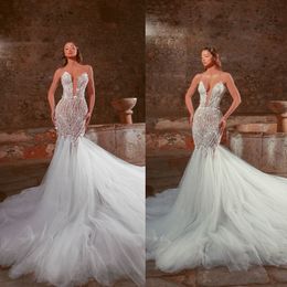 Glamorous Mermaid Wedding Dresses Sweetheart Shining Applicants Backless with Tulle Chapel Gown Custom Custom Made Plus Size Bridal Gown Vestidos De Novia