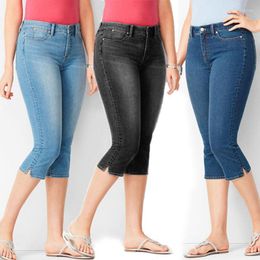 Women's Jeans Women Elasticity Slim Casual Fashion Denim Capri Pants Literary Vintage All-match Solid Colour Pocket Mid-Rise Skinny Lady