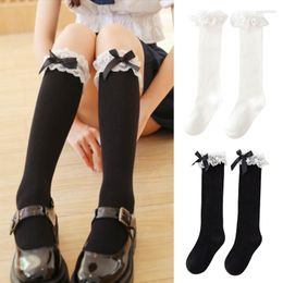 Women Socks Japanese Lolita Frilly Lace Trim Knee High Sweet Bowknot Solid Colour Kawaii School Girl Student Stockings