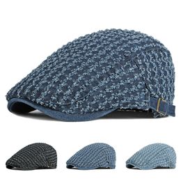 Fashion Beret Hat For Men Women Retro Washed Denim Herringbone Cap Retro Hole Forward Flat Cap Sunshade Cabbie Golf Driving Hat