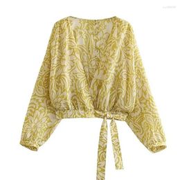 Women's Blouses Women's Maxdutti French Country Style Blouse Elegant Retro Yellow Fashion Floral Shirt Cropped Top Ladies