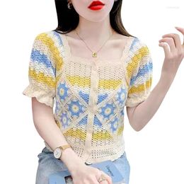 Women's Blouses Women Summer Crochet Tees Shirt Outerwar Hollow-Out Knitted T-shirt Short Tops Sleeve Crop Cardigan 517D