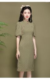 Ethnic Clothing Puff Sleeve Lady Elegant Long Evening Party Dresses Qipao Chiffon Cheongsam