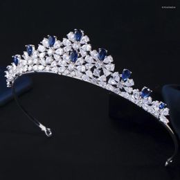 Hair Clips ThreeGraces Luxury Blue White Cubic Zirconia Wedding Crown Tiara Princess Headwear Women Pageant Party Bridal Accessories HA112