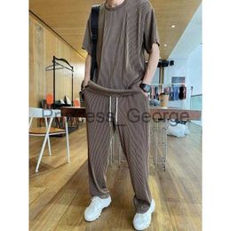Men's Tracksuits Men's Elastic silky Casual 2Piece Set Loose Straight Pleated Sports Pants Summer Thin Section Handsome Drape Suit Mens Clothing x0627
